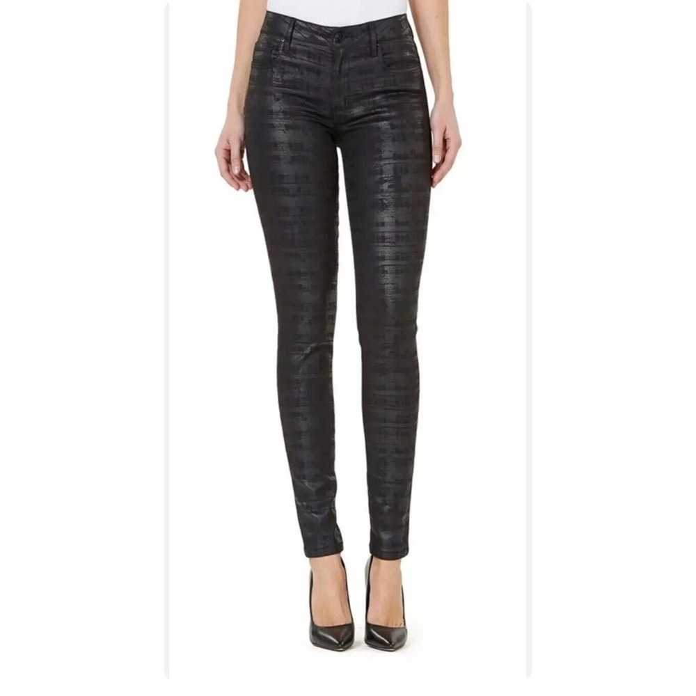 NUMERO Vienna Mid-Rise Coated Black Check-Print Skinny Jeans Size 29 NWT